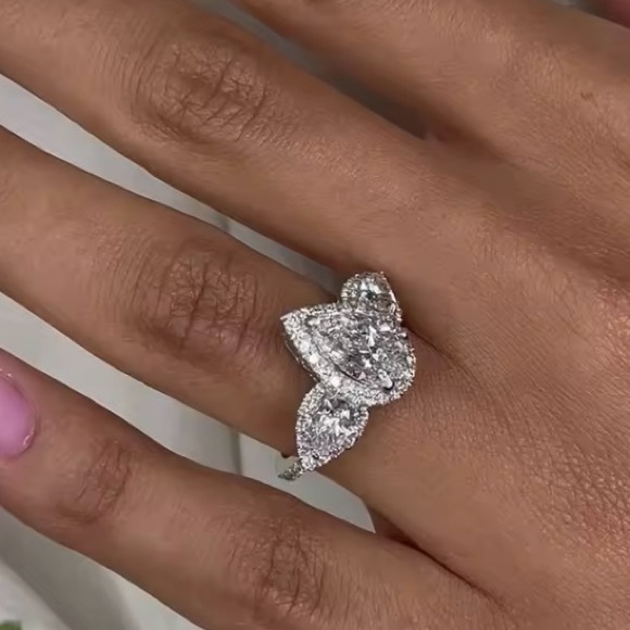 Teardrop Shape Sterling Silver Halo Moissanite Pear Cut Anniversary Ring For Her - Picture 1 of 2